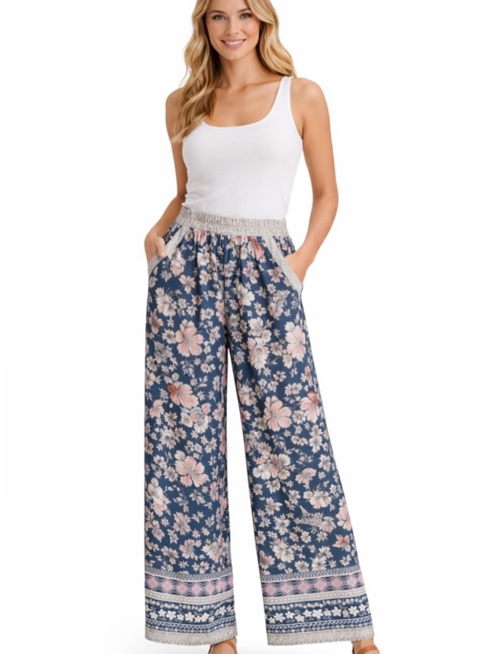 NWT Sienna Sky Floral Print Navy Wide Leg Pants with Front Pockets